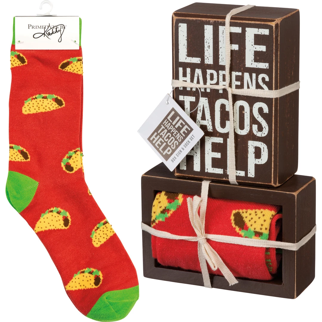 Primitives By Kathy Life Happens Tacos Help Socks & Box Sign Gift Set Socks! Socks! Socks! 3 Primitives By Kathy Life Happens Tacos Help Socks & Box Sign Gift Set Socks! Socks! Socks!