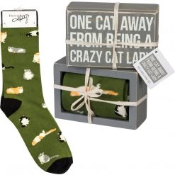 Primitives By Kathy Sale! One Cat Away From Being A Crazy Cat Lady Socks & Box Sign Gift Set