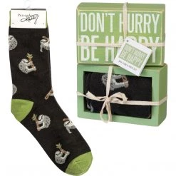 Primitives By Kathy Don't Hurry Be Happy Sloth Socks & Box Sign Gift Set Sale!