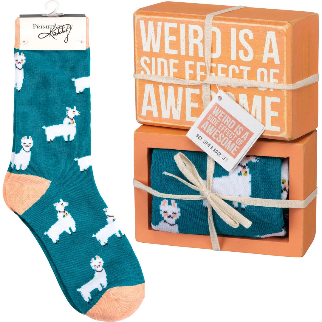 Primitives By Kathy Sale! Weird Is A Side Effect Of Awesome Llama Socks & Box Sign Gift Set 3 Primitives By Kathy Sale! Weird Is A Side Effect Of Awesome Llama Socks & Box Sign Gift Set