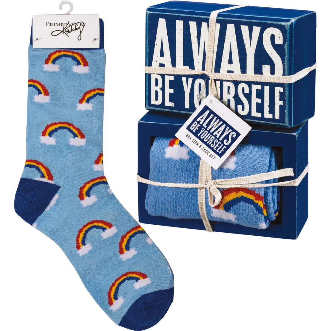 Primitives By Kathy Socks! Socks! Socks! Always Be Yourself Socks & Box Sign Gift Set 3 Primitives By Kathy Socks! Socks! Socks! Always Be Yourself Socks & Box Sign Gift Set
