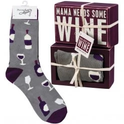 Primitives By Kathy Mama Needs Some Wine Socks & Box Sign Gift Set