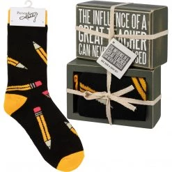 Primitives By Kathy Socks! Socks! Socks! The Influence Of A Great Teacher Can Never Be Erased Socks & Box Sign Gift Set