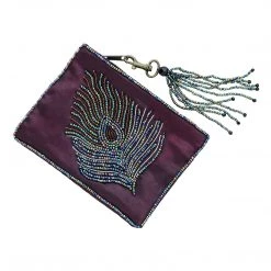 Ten Thousand Villages Purple Bead Embellished Peacock Coin Purse Handcrafted In India