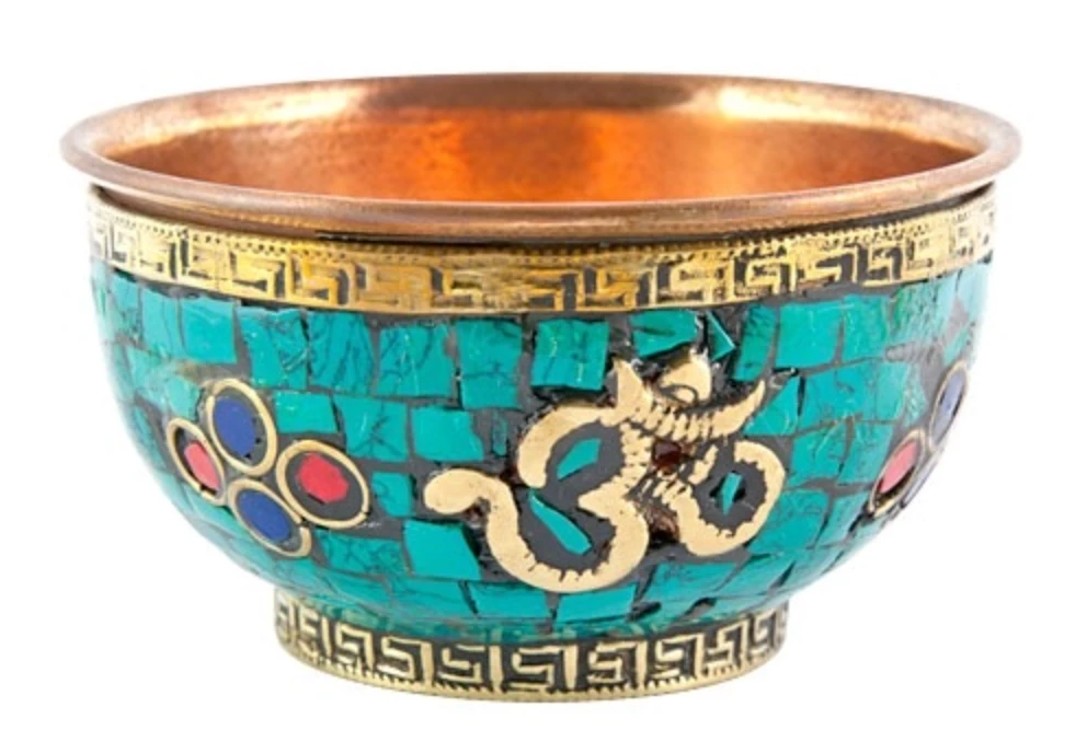 Om Imports Om Symbol Copper Offering Bowl With Stone Work - 3''D 3 Om Imports Om Symbol Copper Offering Bowl With Stone Work - 3''D