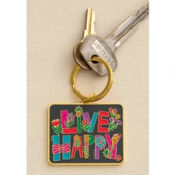 Natural Life Live Happy Floral Design Enamel Keychain