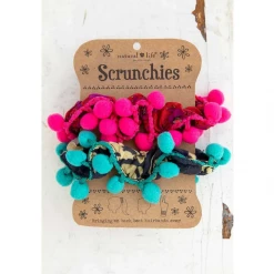 Natural Life Navy Red Pom Poms Hair Scrunchie Set