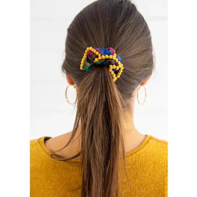 Natural Life Pom Pom Hair Scrunchie Purple Floral/Gold Set 5 Natural Life Pom Pom Hair Scrunchie Purple Floral/Gold Set