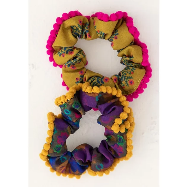 Natural Life Pom Pom Hair Scrunchie Purple Floral/Gold Set 4 Natural Life Pom Pom Hair Scrunchie Purple Floral/Gold Set