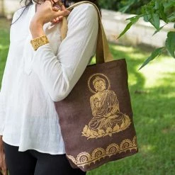 Matr Boomie Global Fair Trade Gifts Metallic Buddha Jute Tote Handcrafted In India