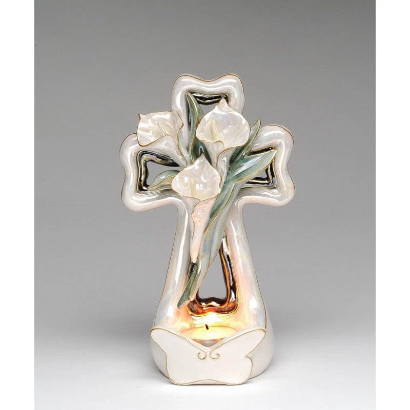 Discontinued Cala Lily Cross Candle Holder ~ Handcrafted Porcelain Gift Sale! 3 Discontinued Cala Lily Cross Candle Holder ~ Handcrafted Porcelain Gift Sale!